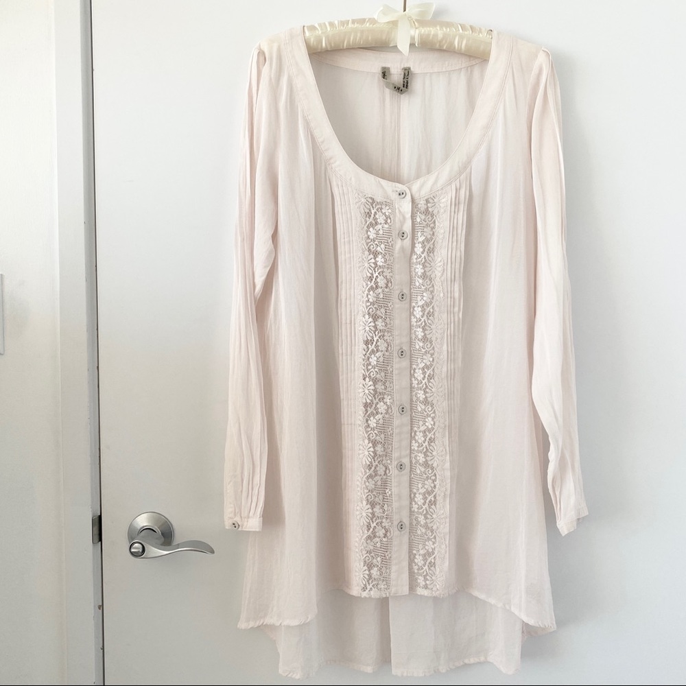 Vintage Free People Sheer Button Front Lace Detail Blouse in White Size M NWOT